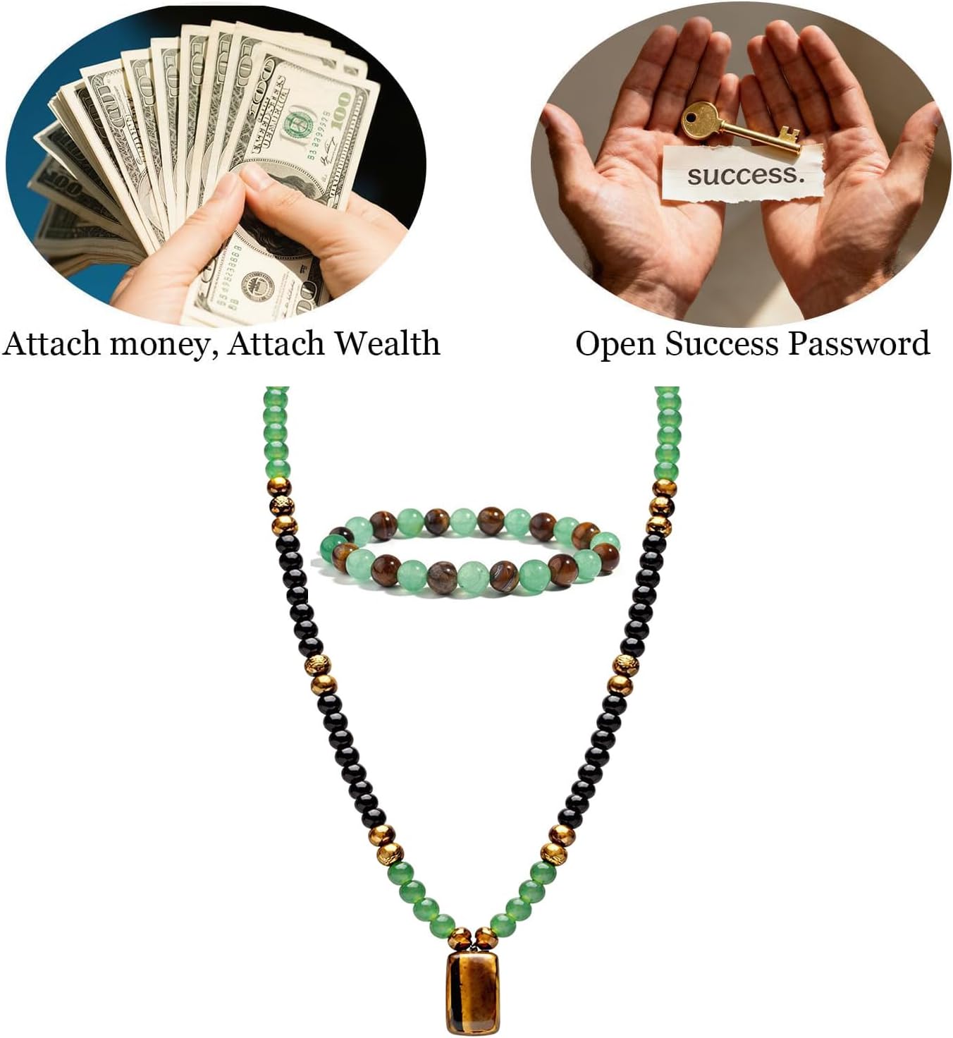 Money Bracelets Necklace Jewelry Set for Women Men Jade Crystal Tiger Eye Obsidian Beaded Necklace Feng Shui Good Luck Money Bracelet Wealth Attraction Accessories Outfits Protection Jewelry Gifts