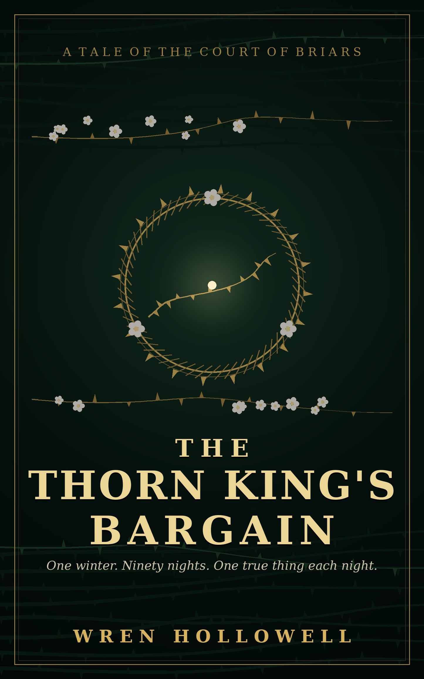The Thorn King's Bargain — fantasy romance ebook cover, gold thorn crown on deep emerald