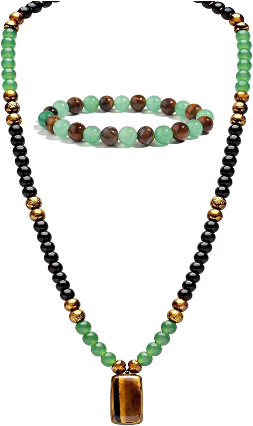 Money Bracelets Necklace Jewelry Set for Women Men Jade Crystal Tiger Eye Obsidian Beaded Necklace Feng Shui Good Luck Money Bracelet Wealth Attraction Accessories Outfits Protection Jewelry Gifts