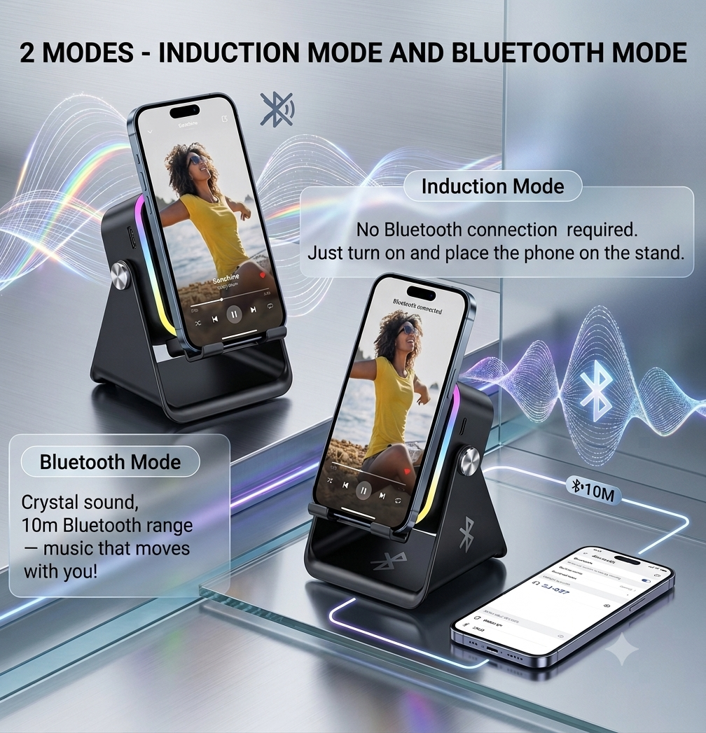CozyTune SoundDock two modes - induction mode with no Bluetooth pairing required and Bluetooth 10m range mode