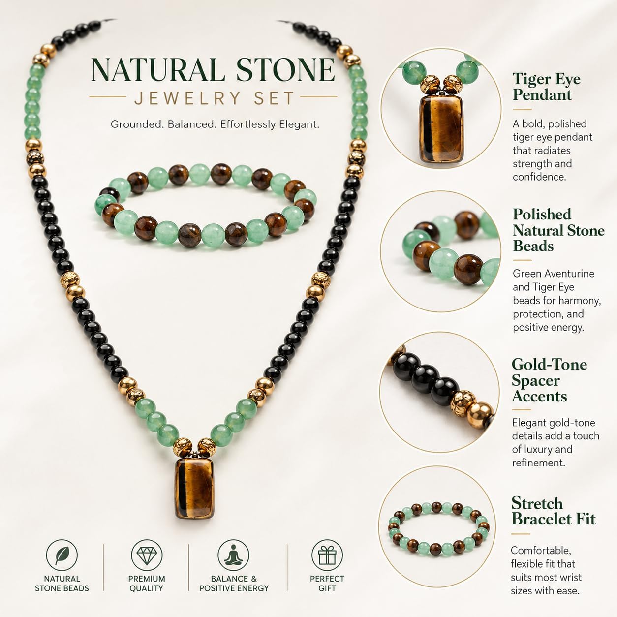 Money Bracelets Necklace Jewelry Set for Women Men Jade Crystal Tiger Eye Obsidian Beaded Necklace Feng Shui Good Luck Money Bracelet Wealth Attraction Accessories Outfits Protection Jewelry Gifts