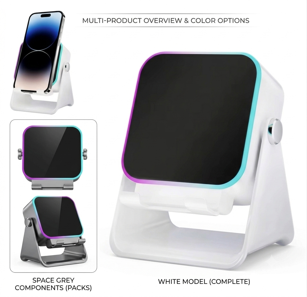 CozyTune SoundDock color options - white and space grey models with RGB halo light