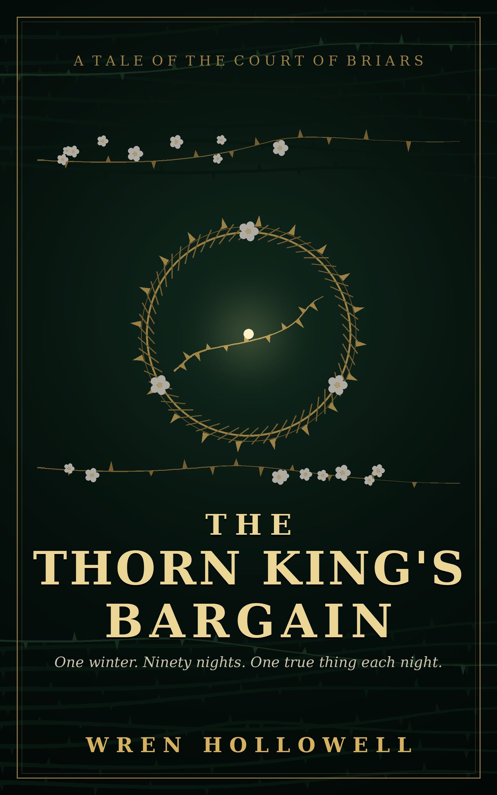The Thorn King's Bargain — fantasy romance ebook cover, gold thorn crown on deep emerald