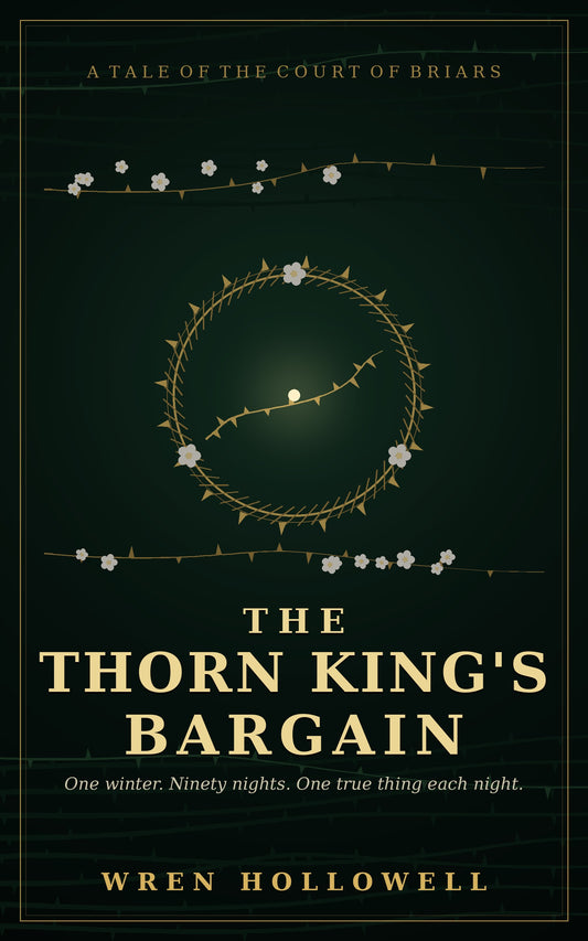 The Thorn King's Bargain — fantasy romance ebook cover, gold thorn crown on deep emerald