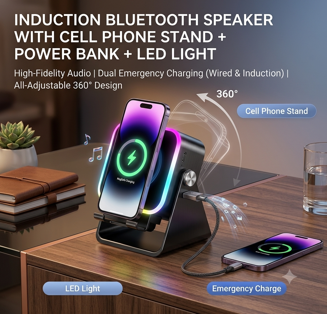 CozyTune SoundDock - 5-in-1 induction Bluetooth speaker with phone stand, power bank and LED light on a desk