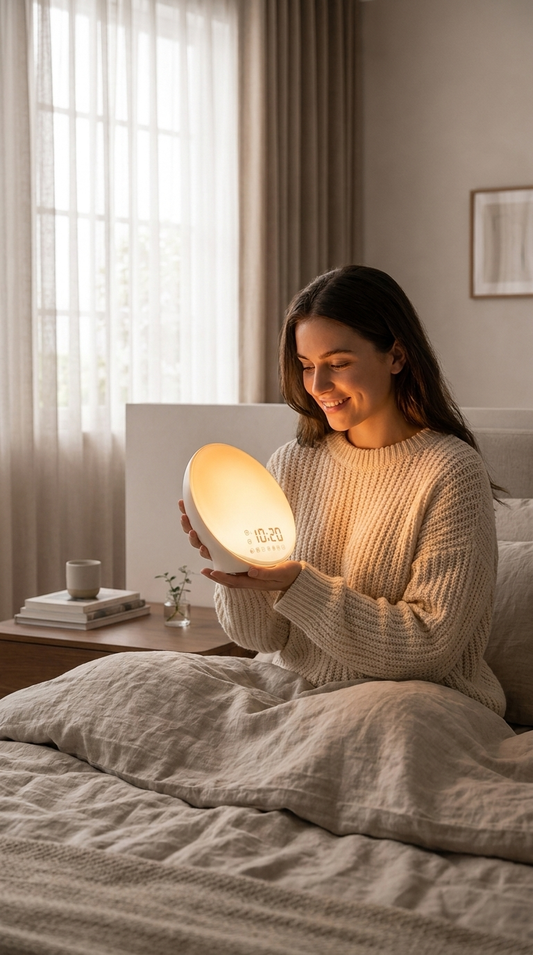 Woman sitting on bed holding Soluna Sunrise Lamp with warm orange glow